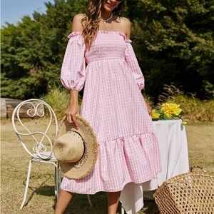 Pink Gingham Off-Shoulder Dress